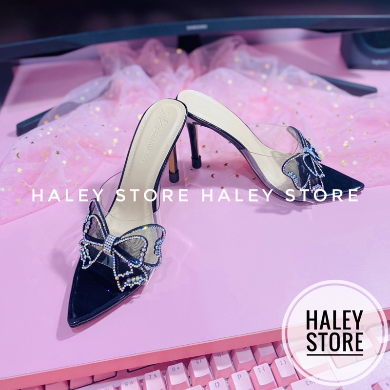 Giày Guốc nữ HALEY STORE cao gót 9p quai trong mũi nhọn đính nơ đá xoàn phale lấp lánh tiểu thư thời trang