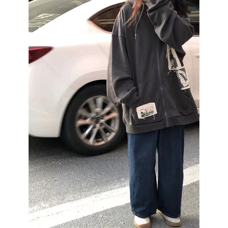 Áo khoác hoodie zip nữ dày dặn màu xám nỉ bông đẹp thời trang thu đông 2022
