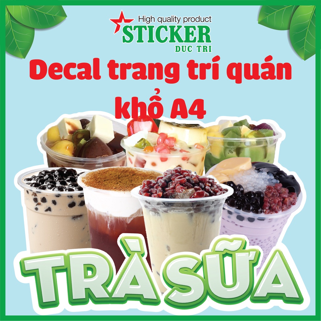 Sticker miếng dán hình Trà Tắc, Trà Chanh, Trà sữa, Trà Dâu, Trà Đào, Trà Bí Đao Hạt Chia... dùng trang trí quán.