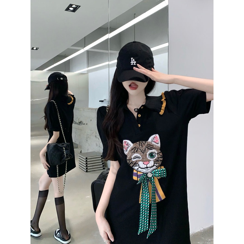 Jiashucheng Áo Thun polo Tay Ngắn Thêu Hình Mèo Thời Trang Mùa Hè Cho Nữ
