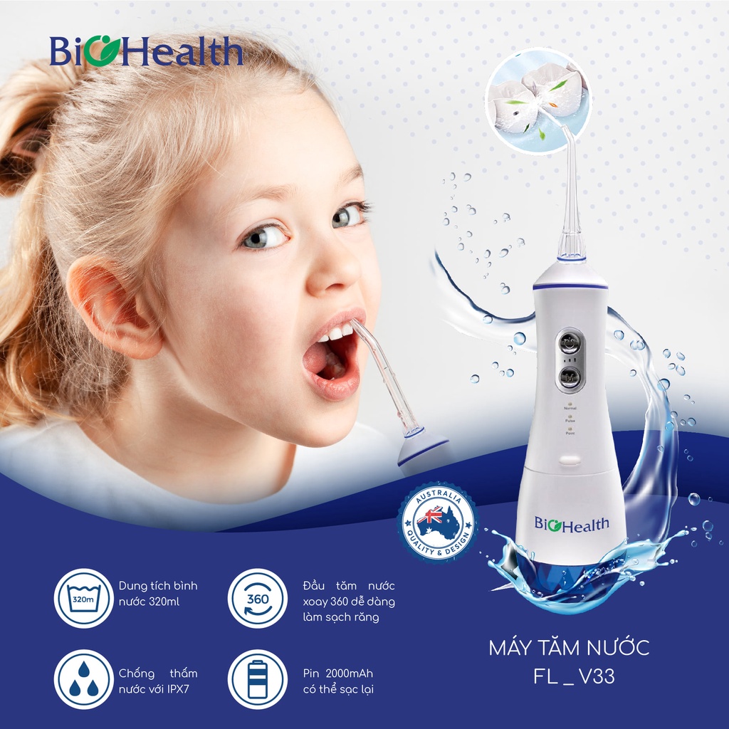 Máy tăm nước thương hiệu Úc - BioHealth FL-V33 (Pin sạc &amp; bảo hành 1 năm)