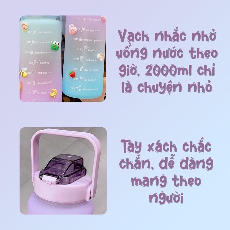 [Xả kho] Bình nước 2 lít dành cho người lười uống nước Fan House bình nước cute 2L có ống hút, vạch chia nhắc giờ