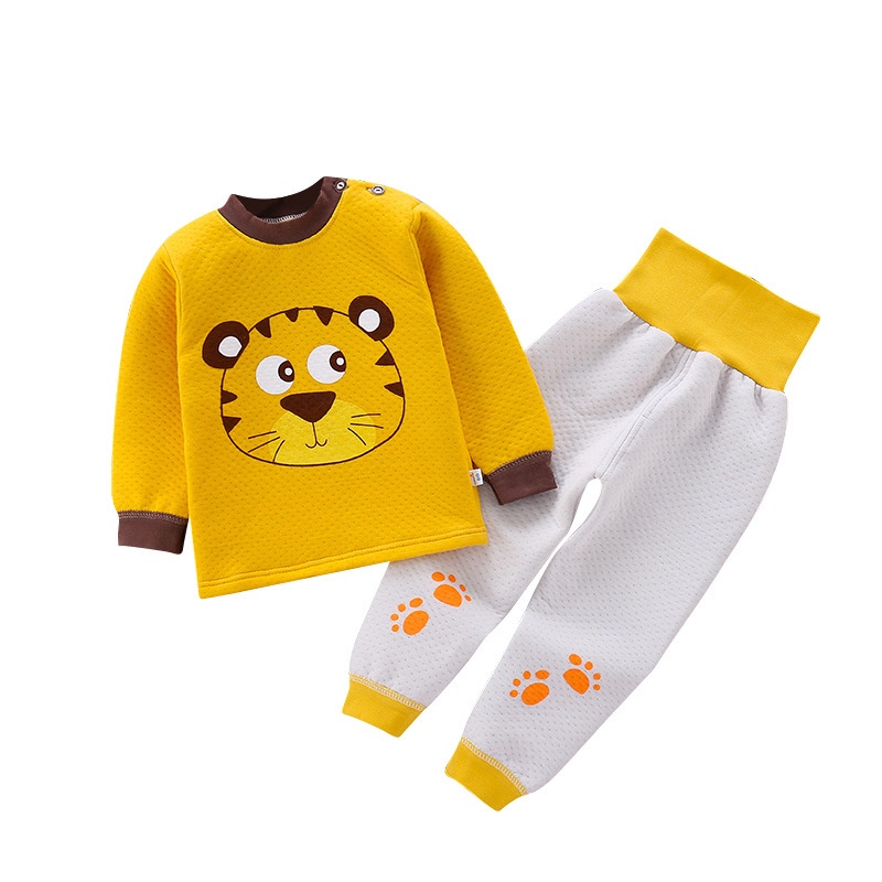 Bộ đồ ngủ tay dài cotton giữ ấm phong cách Hàn Quốc thời trang thu đông dành cho bé 70-110cm