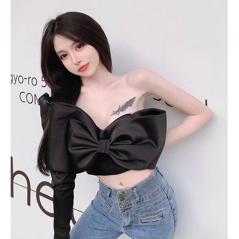 Ulzzang ( 얼짱) - ÁO SƠ MI LỆCH TAY HỌA TIẾT ĐÍNH NƠ (CHẤT KHỎI BÀN)
