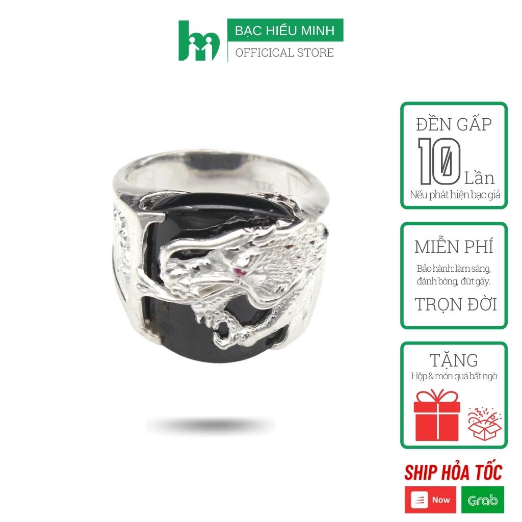 Nhẫn Nam Bạc Hiểu Minh NA554 Rồng Cuộn Đá Đen