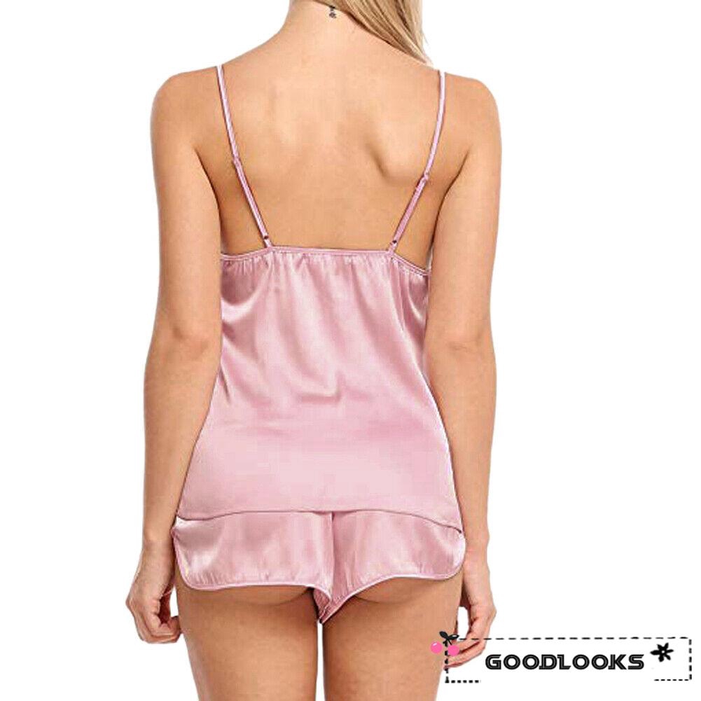 Bộ Đồ Ngủ Lụa Satin Không Tay Cổ Chữ V Gợi Cảm Cho Nữ