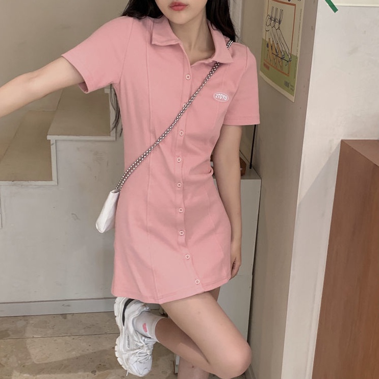 Đầm Cổ Polo Dáng Ngắn Ôm Eo Kiểu Hàn Quốc Thời Trang Mùa Hè Cho Nữ