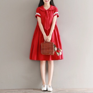 Đầm babydoll đỏ thắt cà vạt