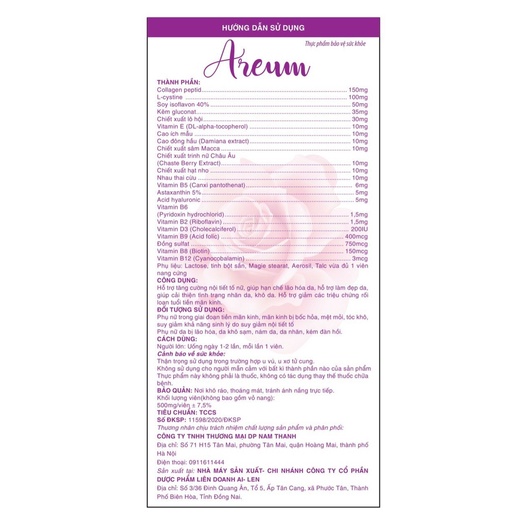 Viên uống nội tiết tố - AREUM - Tăng sinh lý nữ - Đẹp da - Lọ 30 viên