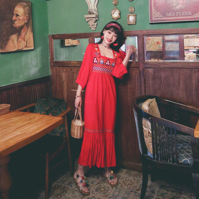 Váy boho thêu dáng xòe chân váy đi du lịch