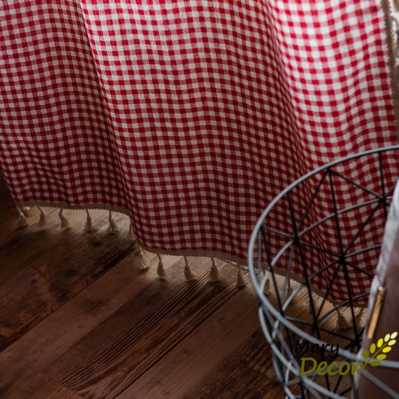 Rèm cửa đẹp vải bố linen trang trí nhà cửa giá tốt - họa tiết Caro đỏ R-A03