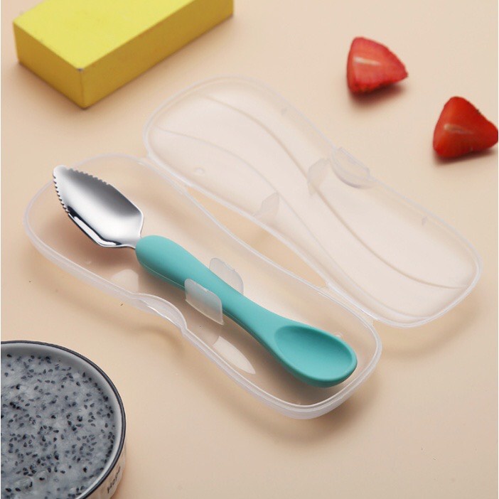 Thìa Nạo Nhỏ Hoa Quả, Thìa 2 trong 1, Muỗng Ăn Dặm 2 in 1 Đầu Silicon và Inox 304 Babibu-T2IN1