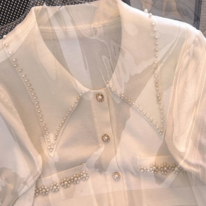 Small fragrance nail bead Polo neck knitted cardigan women's summer thin short sleeve T-shirt French single breasted bubble sleeve top