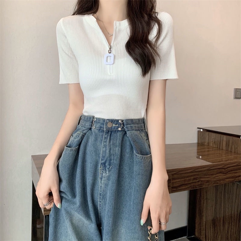 59110. ÁO LEN KHOÁ NGỰC TAY NGẮN
