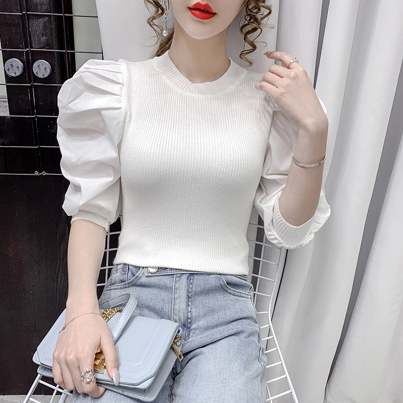 【ZHELIHANGFEI】 / Áo Thun Dệt Kim Tay Ngắn Phồng Cổ Tròn Phong Cách Hoàng Gia Mùa Xuân Mới Cho Nữ