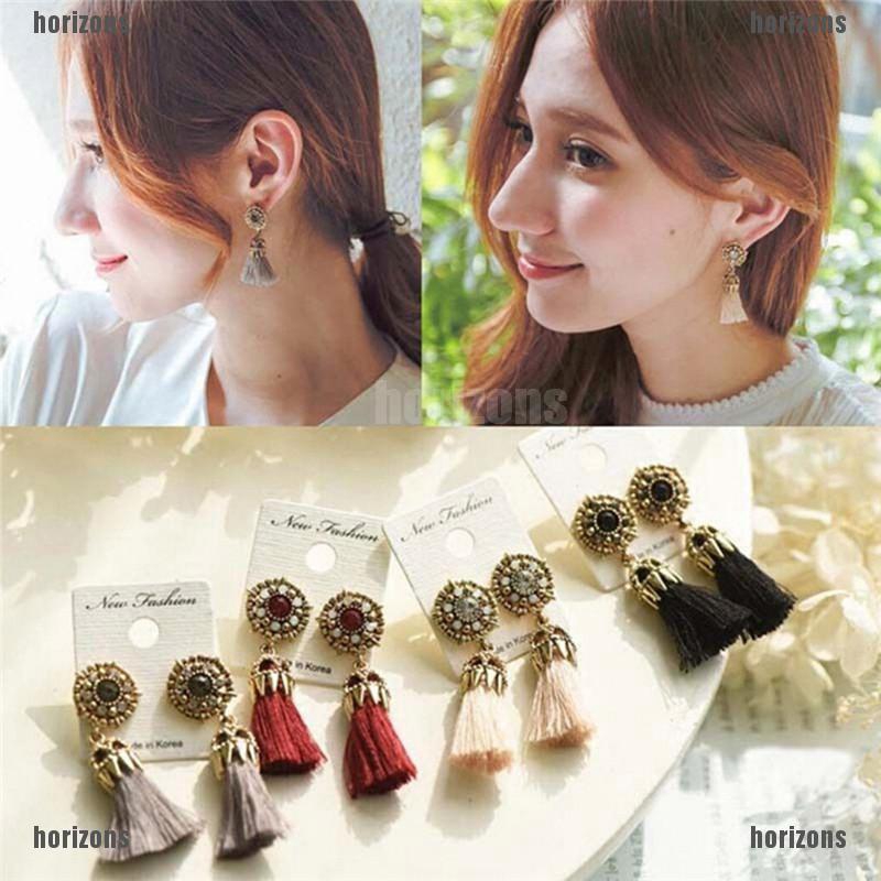 Bông Tai Dáng Dài Phối Tua Rua Phong Cách Retro