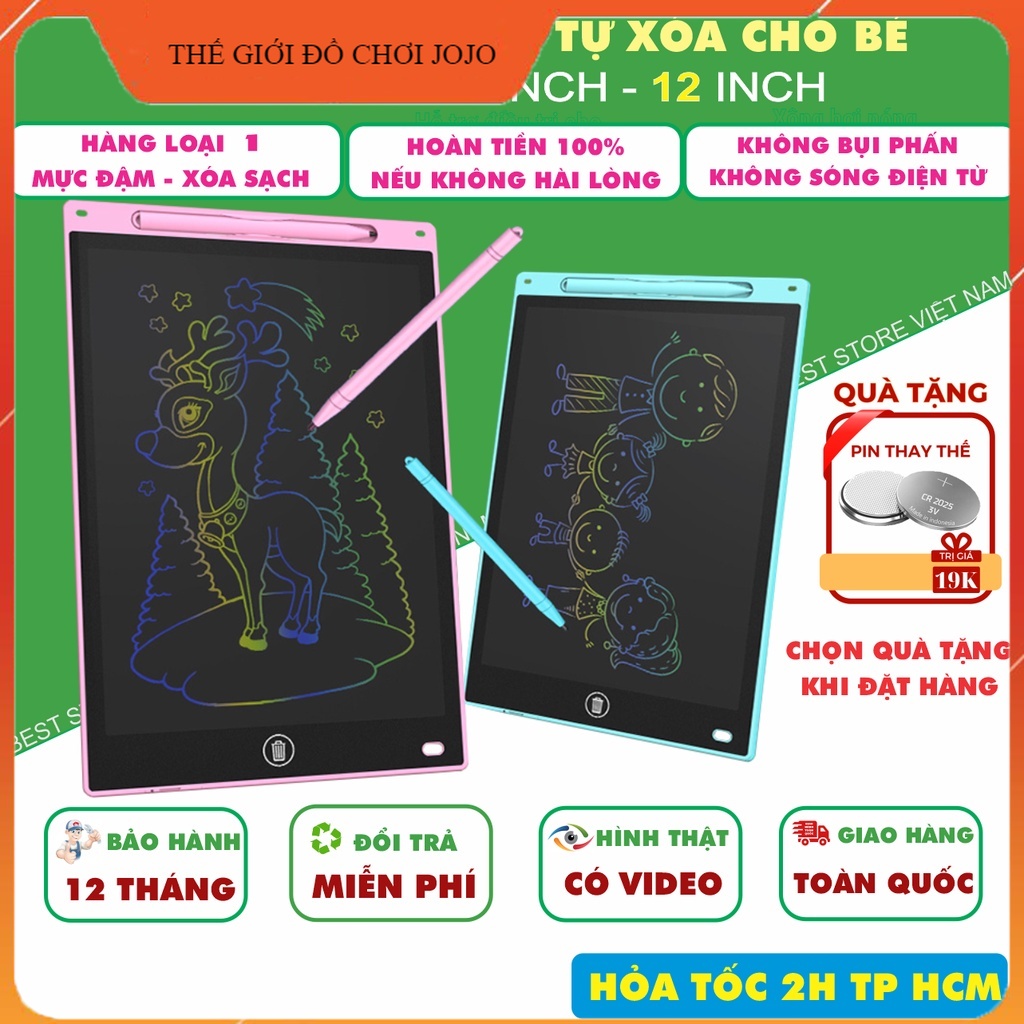 Bảng vẽ điện tử, bảng viết tự xóa thông minh cho bé màn hình LCD 8.5in, 10in, 12in đa màu, Đồ Chơi Trẻ em JoJo.