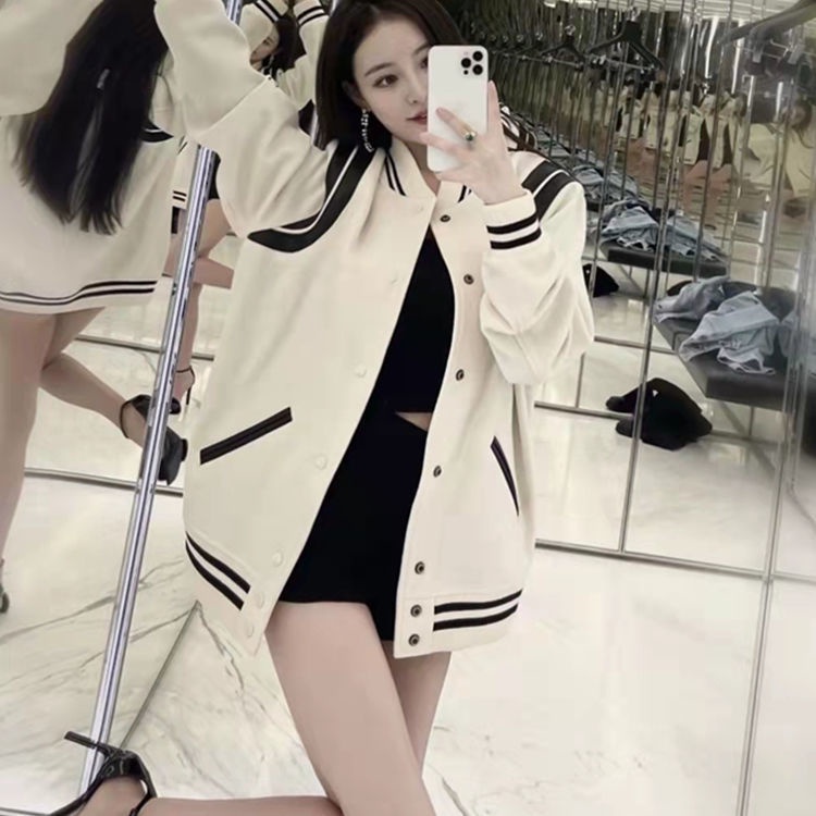 Áo Khoác Bóng Chày Bằng Len 22ss Màu Trắng Đen Phong Cách Mỹ Cổ Điển