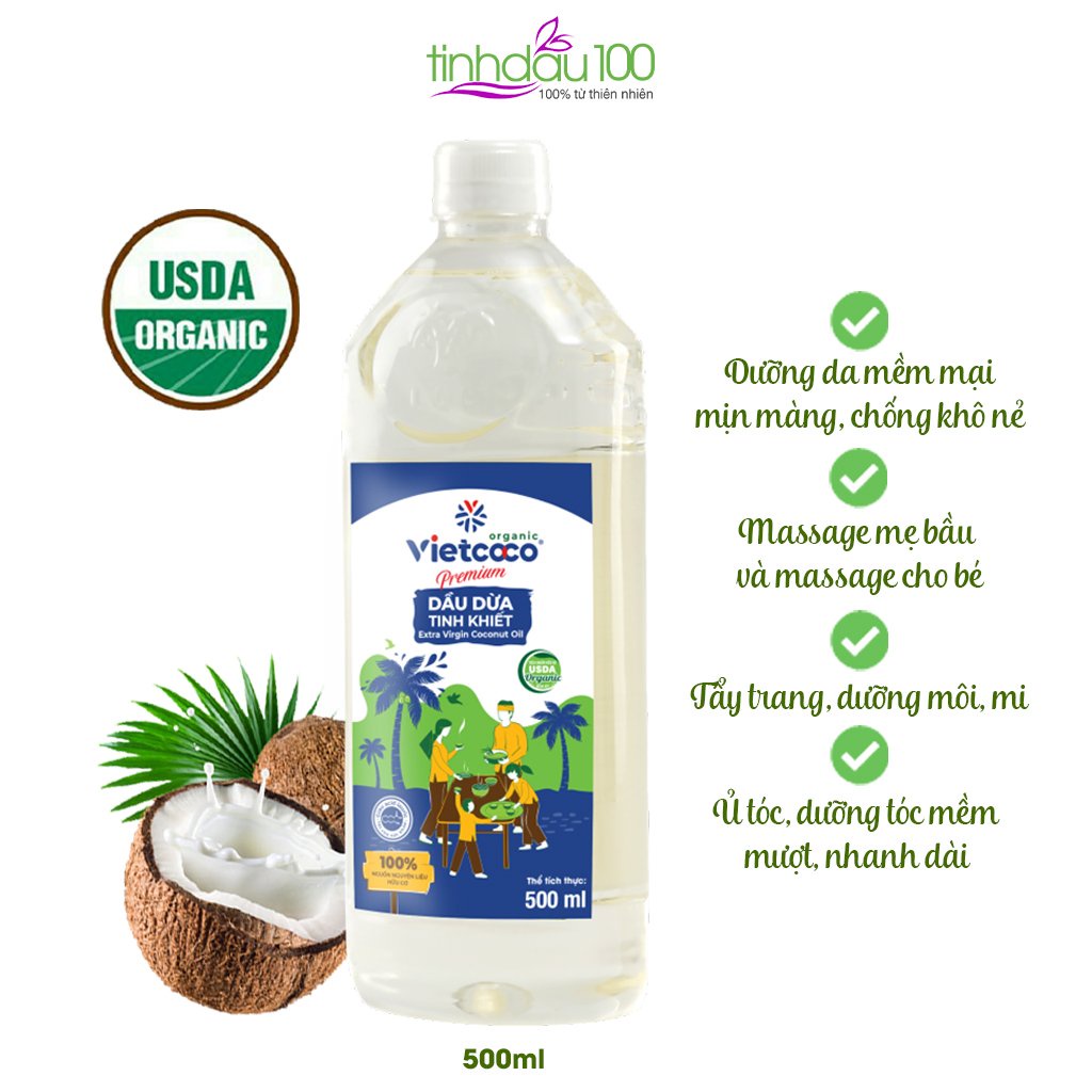 Dầu dừa ép lạnh VietCoco dưỡng tóc 500ml. Tinh dầu dừa nguyên chất ủ tóc, giúp tóc mềm mượt, nhanh dài Tinh Dầu 100 Shop