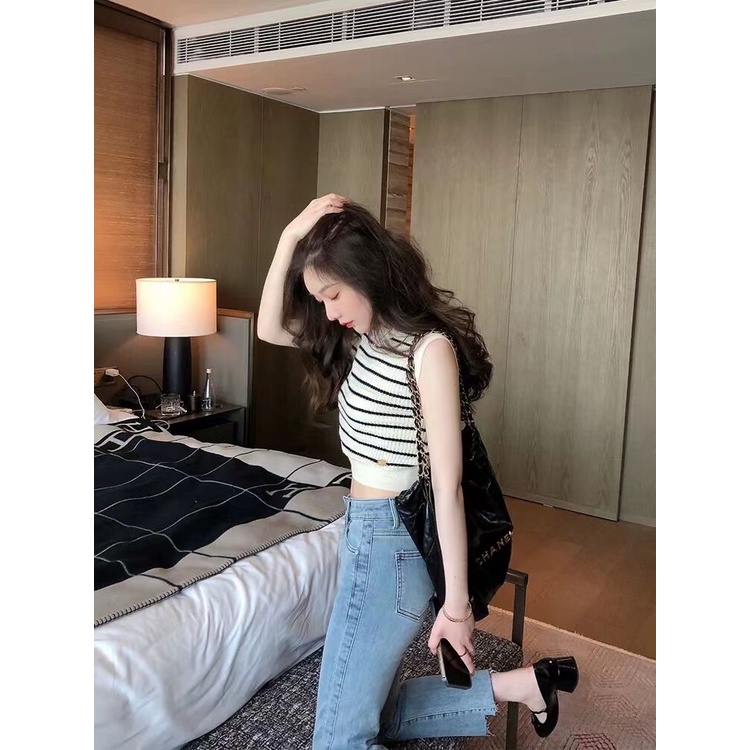 Áo Hai Dây Dệt Kim Kẻ Sọc Thời Trang Mùa Hè Cho Nữ