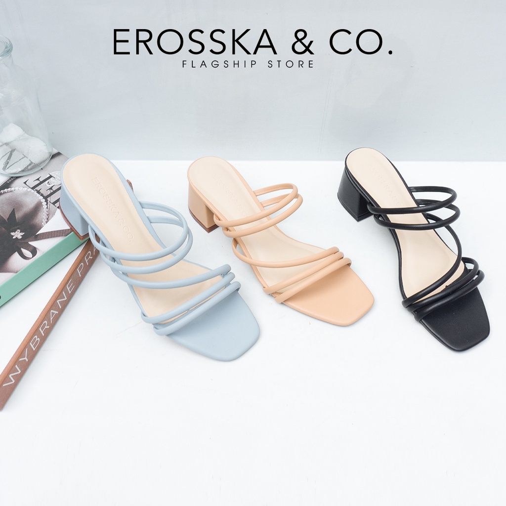 Erosska - Dép cao gót nữ mũi vuông phối dây quai phong cách Hàn Quốc cao 4cm màu xanh - EM086