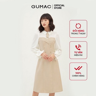 Đầm nữ ôm tay dài phối nút GUMAC màu be, đủ size, DB3108