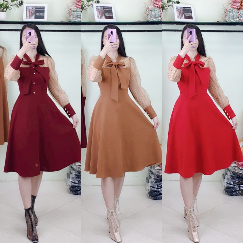 ❤Váy nhung tăm cổ nơ, tay phối ren bi sang chảnh❤đc thiết kế may kỹ fomr chuẩn đẹp,chất vải nhung tăm mịn mướt. Ảnh thật