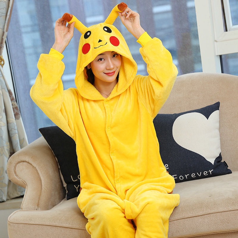 Bộ đồ ngủ tay dài in hoạt hình Pikachu thời trang mùa đông cho cặp đôi