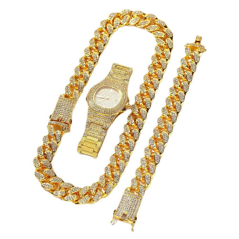 Bộ Đồng Hồ Dây Chuyền + Vòng Tay 20cm + 50cm Đính Đá Kim Cương Toàn Diện Kiểu Hip-Hop Cá Tính Cho Nam