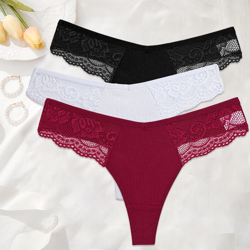 Set 3 quần lót lọt khe CUTEBYTE cotton phối ren thời trang quyến rũ dành cho nữ