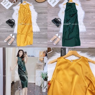 Váy lụa xẻ tà nhúm lệch vạt