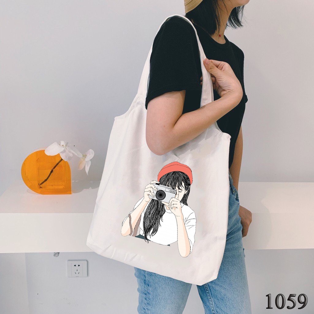 Túi Tote Túi Vải Canvas Kích Cỡ Lớn Đựng Vừa A4 1059 Họa Tiết Girl Photograp Đeo Vai Đi Học Cực Xinh