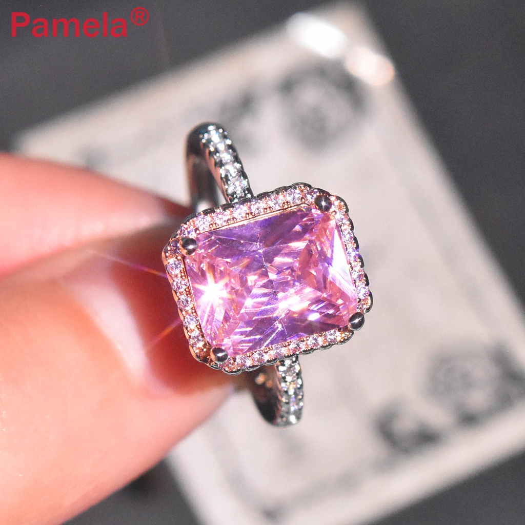 Nhẫn Hở Hình Vuông Đính Đá Kim Cương Màu Hồng Vàng Kiểu Công Chúa Cổ Điển