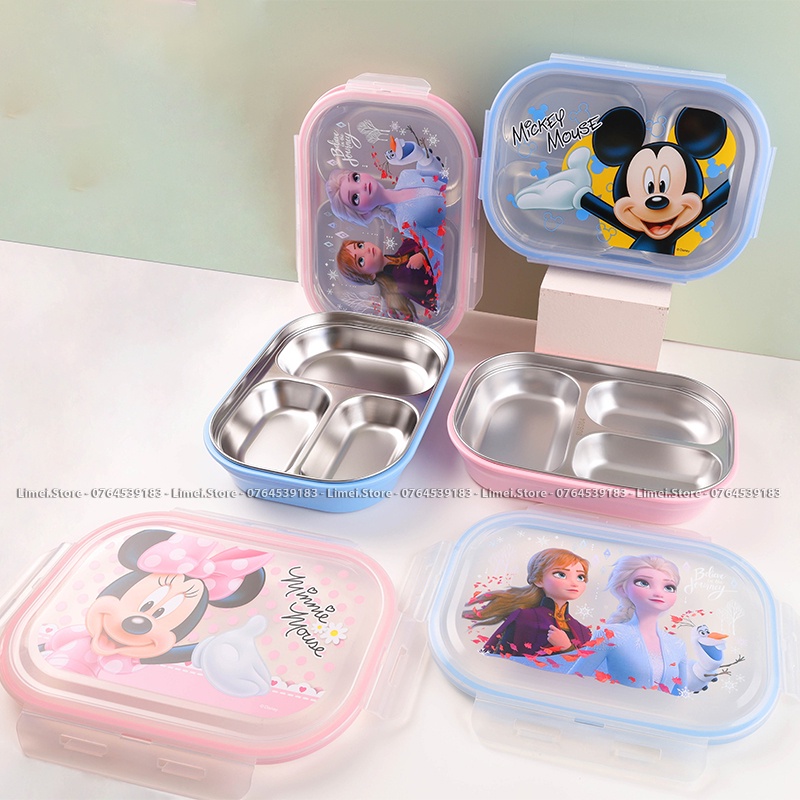 Hộp cơm , khay cơm ăn nhiều ngăn inox hình Frozen Car Mickey Minnie hàng xịn Disney