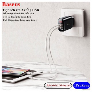 Hàng chính hãng - Adpater- Củ sạc nhanh 3 cổng USB chính hãng Baseus