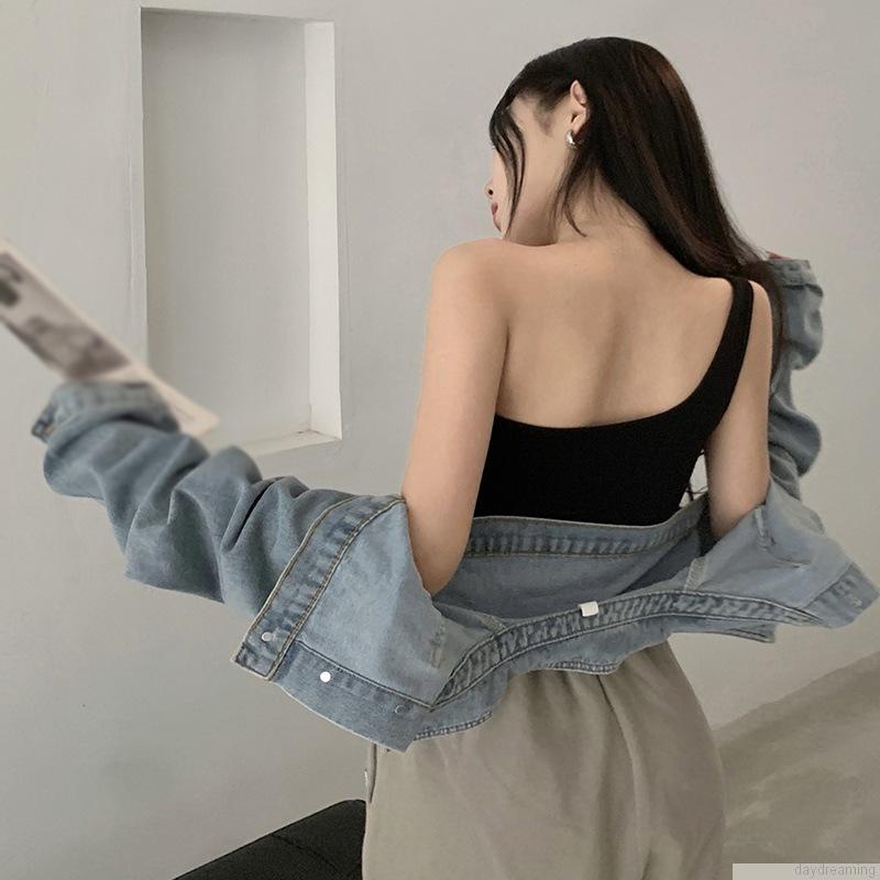 Áo Kiểu Croptop Không Tay Màu Trơn Có Đệm Ngực Thiết Kế Bất Đối Xứng Quyến Rũ Độc Đáo Dành Cho Nữ