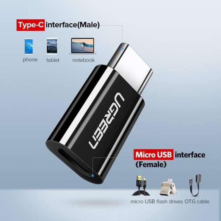 Đầu chuyển Micro USB sang USB type C, kích thước 18*13*6,6mm UGREEN US157