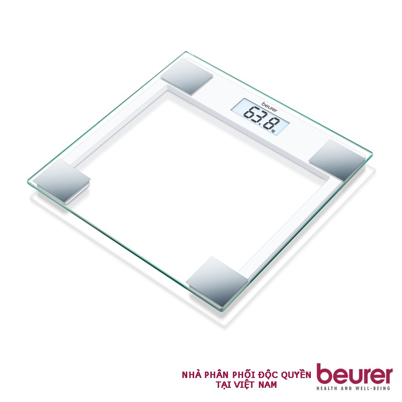 Cân điện tử mặt kính trong cường lực BEURER GS14 của Đức màn hình LCD, có thông báo quá tải, chịu lực tối đa 150 kg