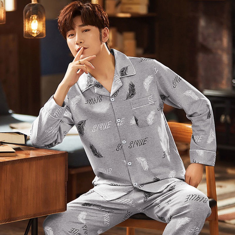 đồ ngủ  100% cotton pyjama nam dài tay áo nịt nam mỏng mùa xuân và thu nam size lớn bộ đồ phục vụ tại nhà cho thanh niên | BigBuy360 - bigbuy360.vn