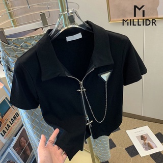 Áo Thun Tay Ngắn Khóa Kéo Hai Mặt Thời Trang Mùa Hè Phong Cách Hàn Quốc Mới Cho Nữ