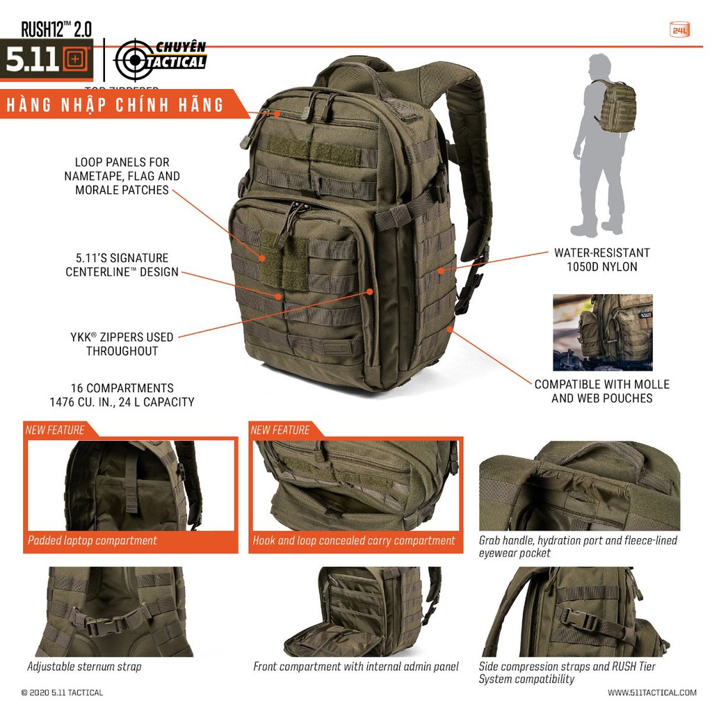 Balo chiến thuật, thời trang 5.11 Tactical Rush 12 2.0 - Hàng nhập chính hãng