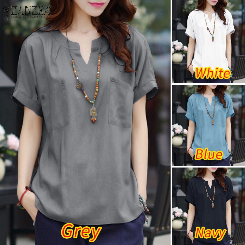 Áo kiểu Zanzea ngắn tay cổ chữ V màu trơn phong cách Hàn Quốc cổ điển thời trang cho nữ