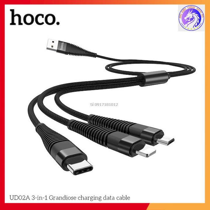 CÁP SẠC NHANH DÂY DÙ 3.0A 3 IN 1 HOCO UD02 - DÀI 1.0M | Cáp sạc 3 đầu chình hãng Bảo hành 12T