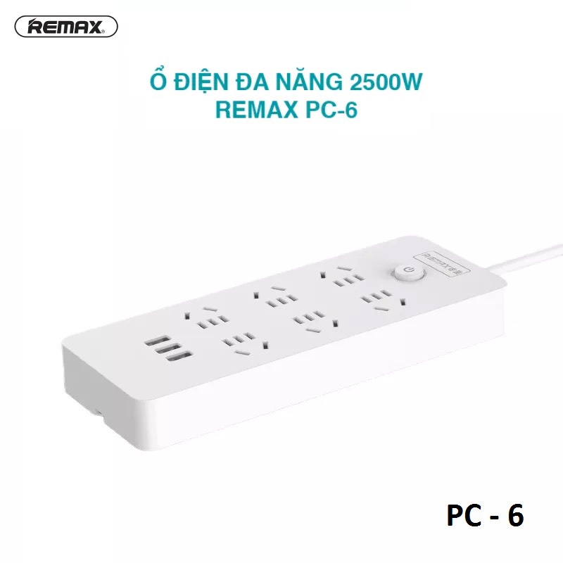 Ổ cắm điện thông minh Remax RC-6 Chính Hãng Có 3 Cổng USB và 6 Chân cắm điện trực tiếp 220V dây dài 1.8m