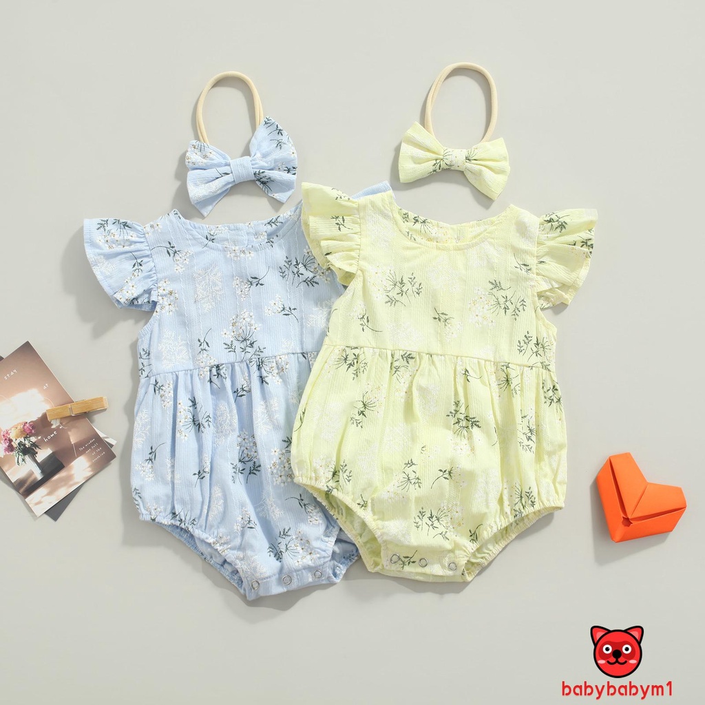 Bộ Áo Liền Quần Cổ Tròn Tay Cánh Tiên In Hoa + Băng Đô Thời Trang Mùa Hè Cho Bé