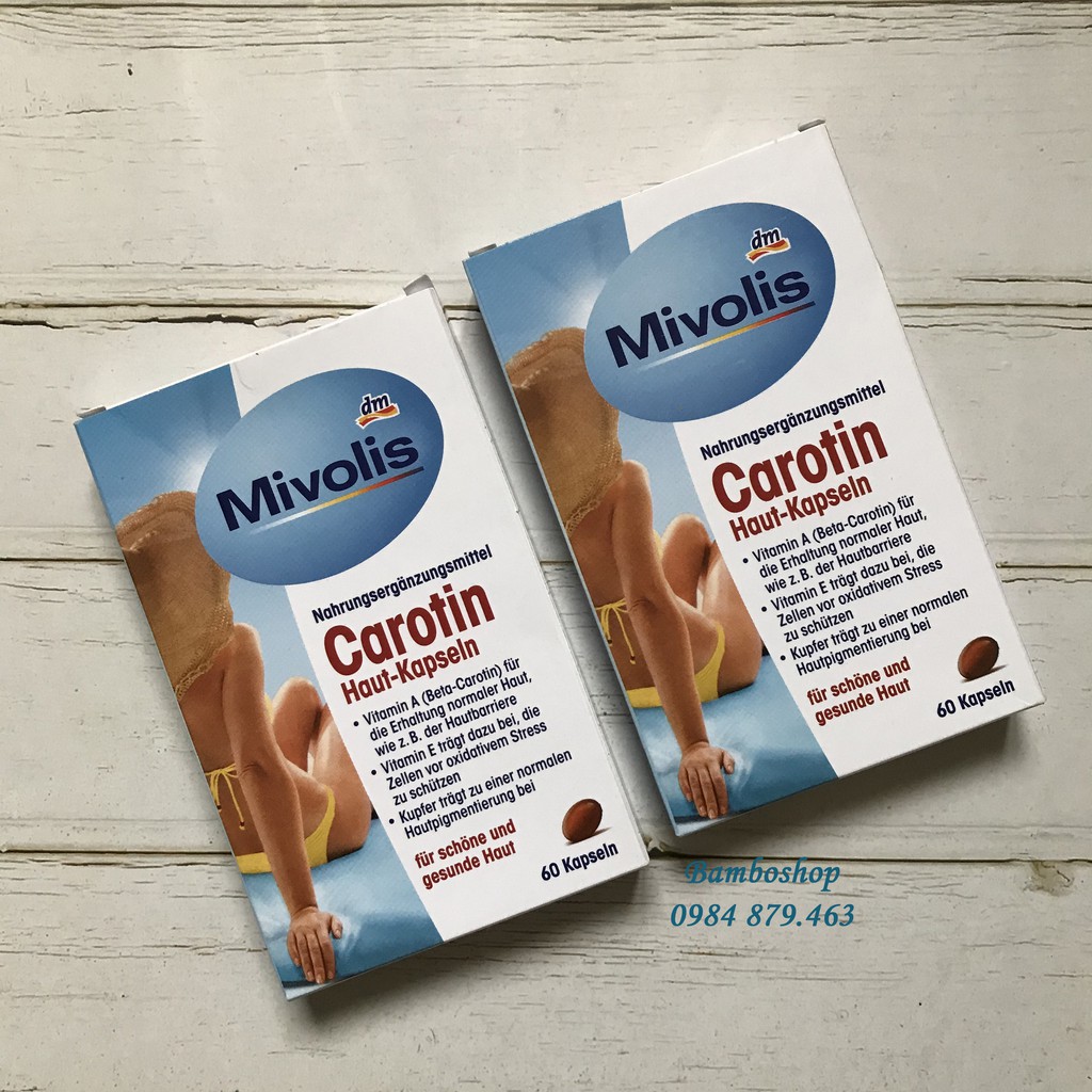 Viên chống nắng Mivolis Carotin 60v, giúp bảo vệ làn da khỏi ánh nắng từ trong ra ngoài, giữ làn da luôn trắng sáng. | BigBuy360 - bigbuy360.vn