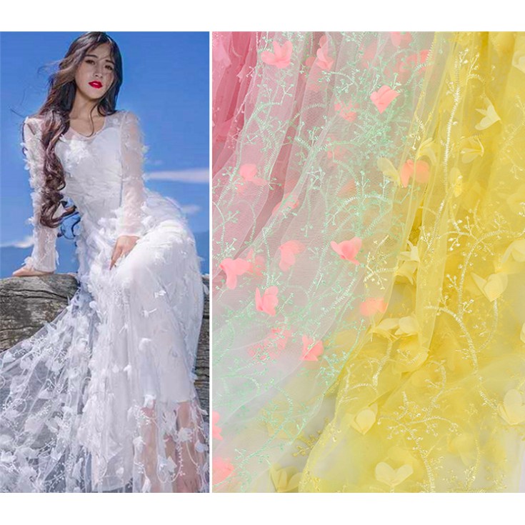 Vải Voan Ren Đính Hoa 3D Miếng nhỏ 50cmx70cm may đồ búp bê
