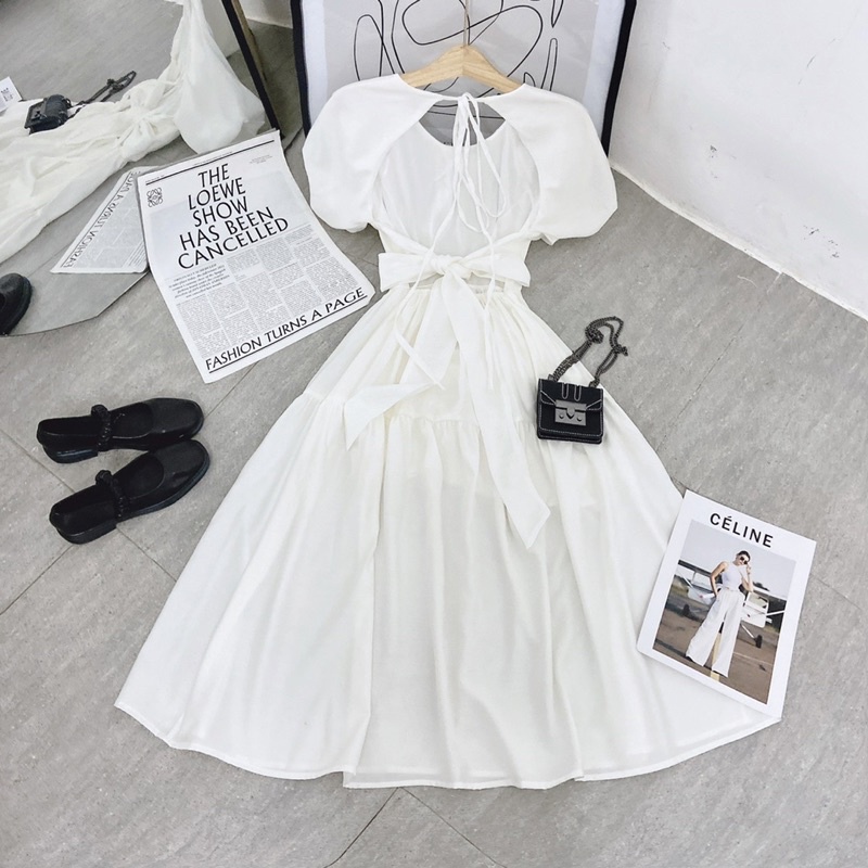 ĐẦM TRẮNG MIDI HỞ LƯNG NƠ SAU CỔ TRÒN