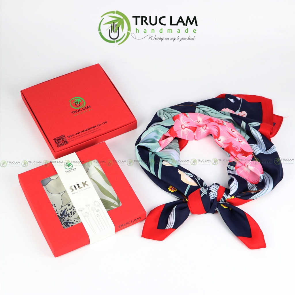 Khăn Lụa Vuông Choàng Cổ Thời Trang Nữ Cao Cấp Họa Tiết Hoa 3D 90x90cm - Trúc Lâm Handmade