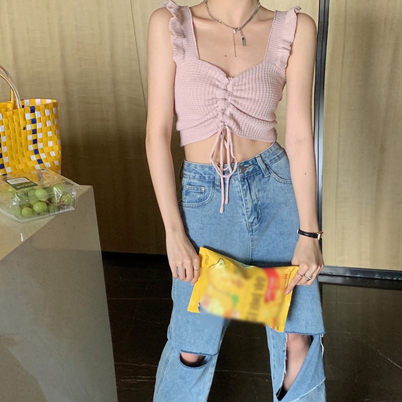 Áo Croptop Dệt Kim Sát Nách Cổ Chữ V Phối Bèo Thời Trang Quyến Rũ Cho Nữ